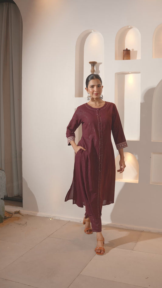 Embroidered Lurex Cotton Solid Flared Brown Kurta