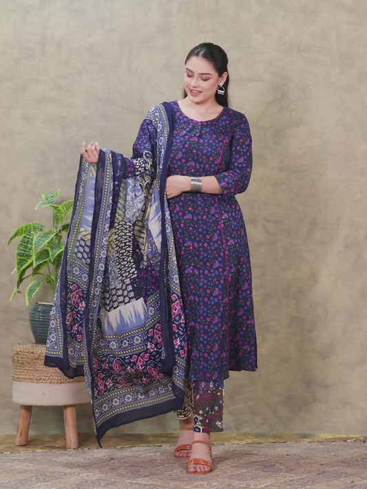 Soft Cotton Floral Straight Blue Kurta
