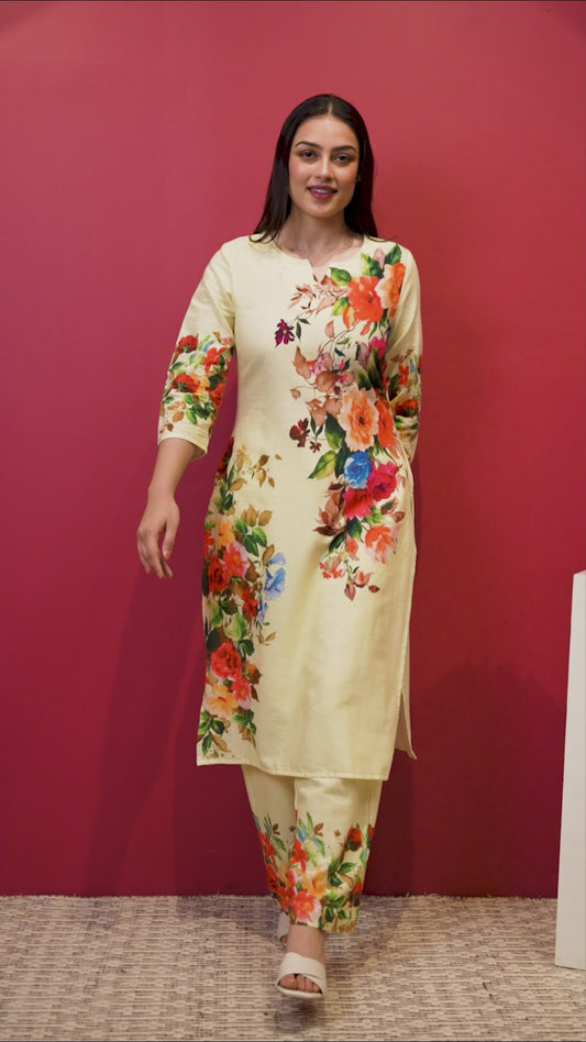 Linen Cotton Placement Print Straight Yellow Kurta