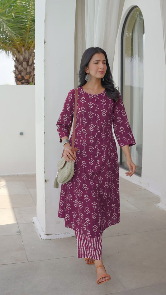 Soft Cotton Abstract Flared Purple Kurta