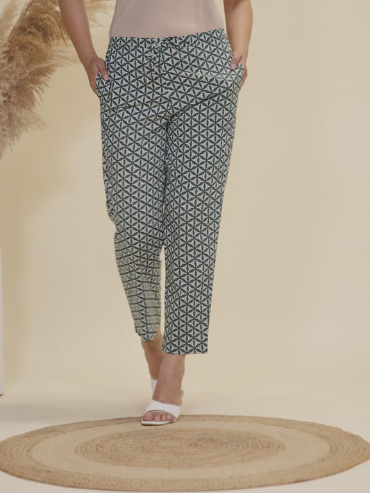 Soft Cotton Geometric Green Tapered Trousers