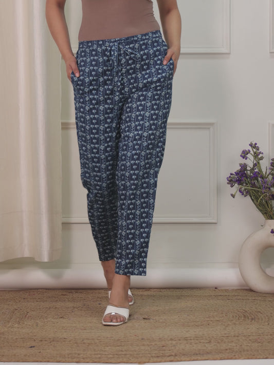 Soft Cotton Floral Blue Tapered Trousers