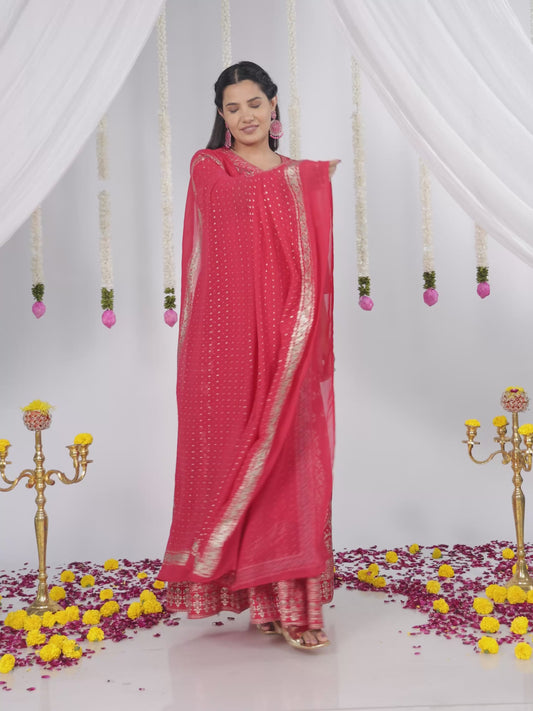Vertigan Gold foil Anarkali Royal Pink Kurta