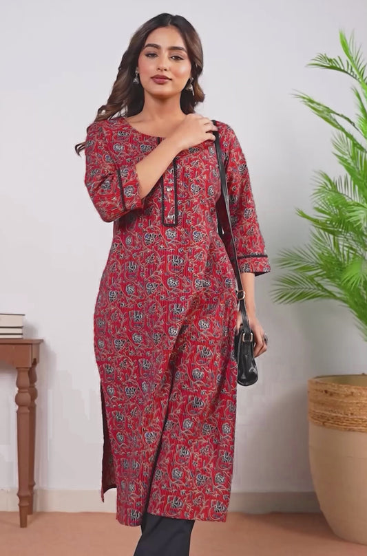 Kantha Cotton Jaal Straight Maroon Kurta