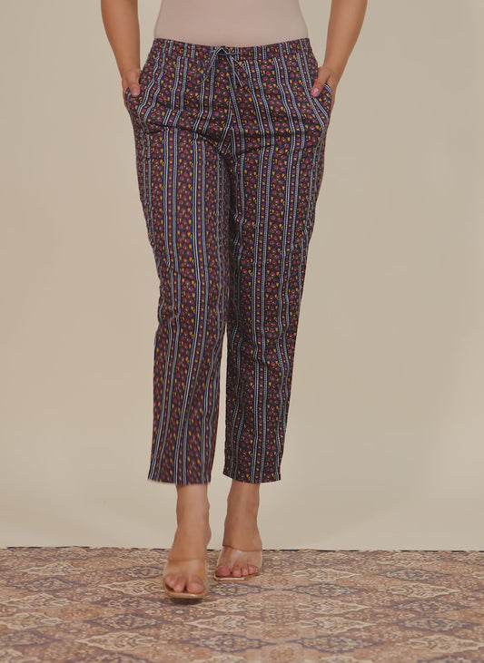 Soft Cotton Striped Navy Blue Tapered Trousers