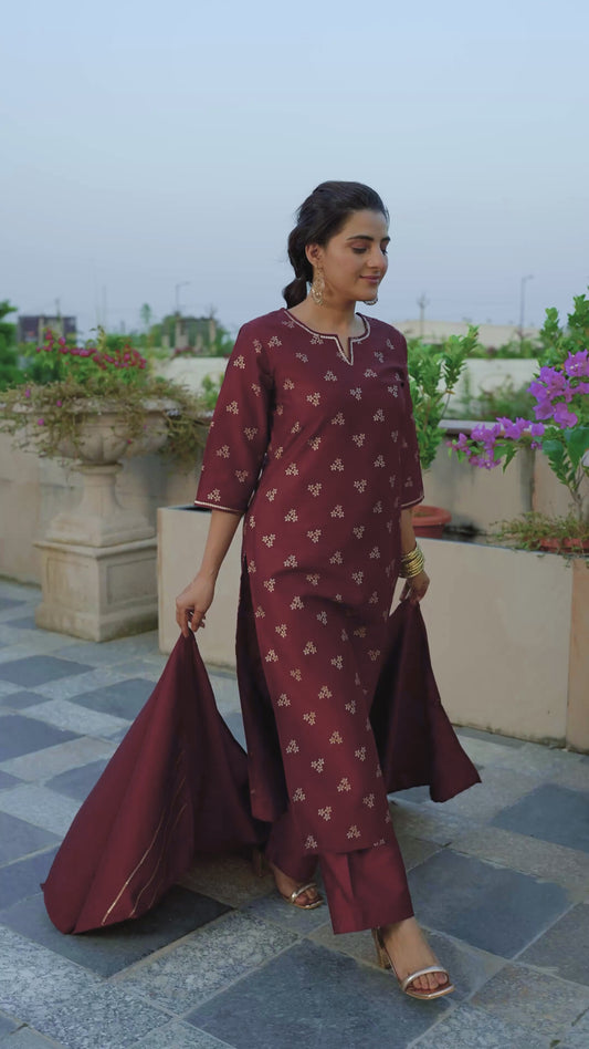 Embroidered Chinon Gold foil Straight Maroon Kurta