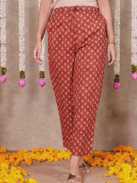 Soft Cotton Butti Rust Straight Trousers