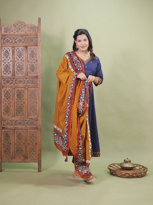 Embroidered Soft Cotton Solid Flared Blue Kurta