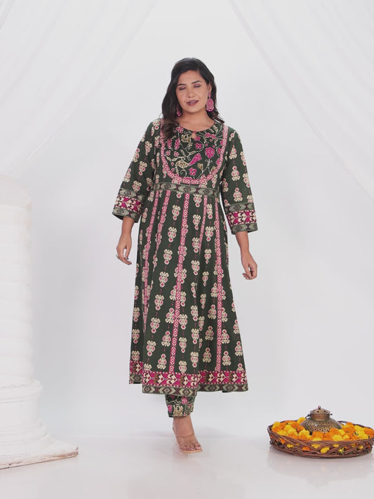 Soft Cotton Ikat Anarkali Green Kurta