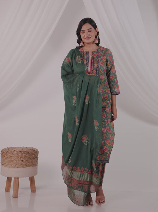 Kantha Cotton Floral Straight Green Kurta