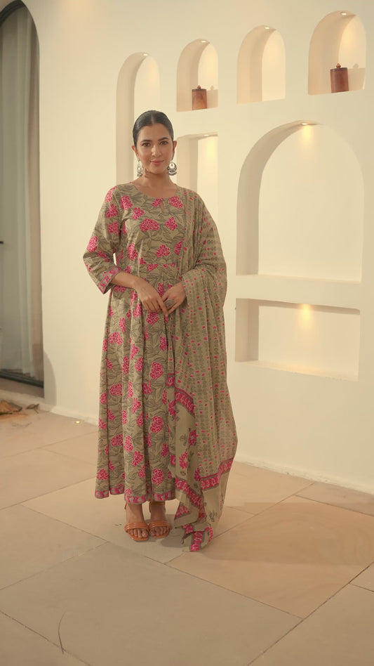 Soft Cotton Floral Anarkali Pink Kurta