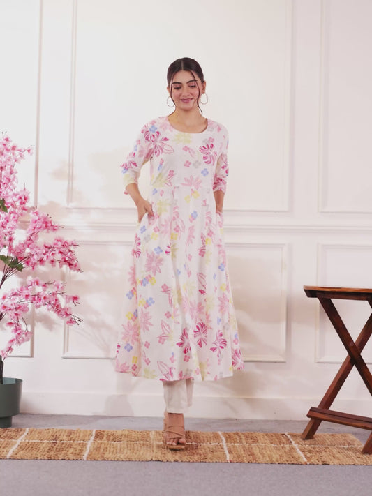 Soft Cotton Floral Anarkali Off White Kurta