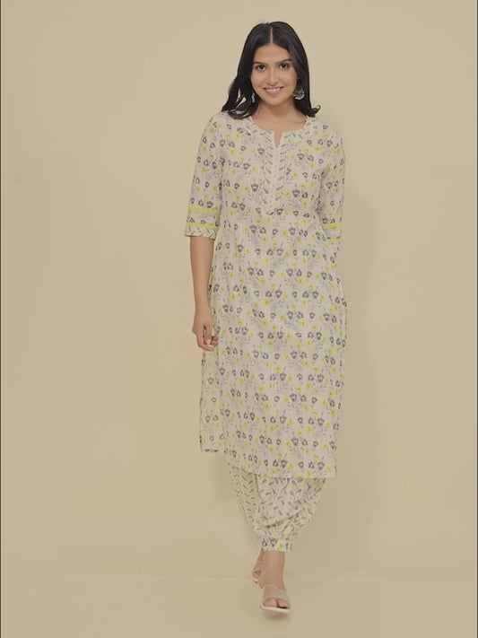 Soft Cotton Floral Straight Cream Kurta