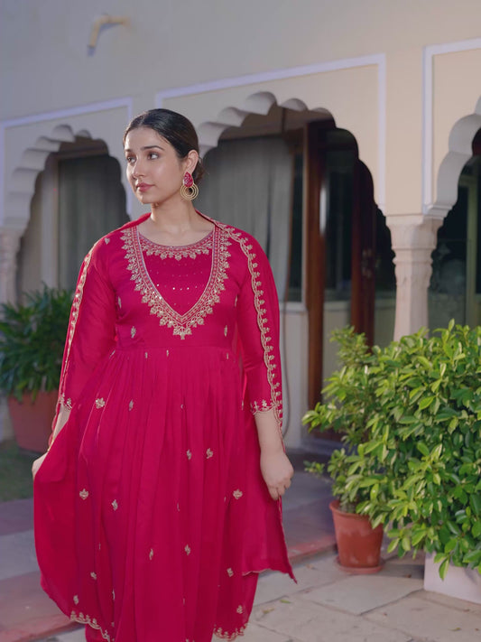 Embroidered Poly Silk Solid Royal Pink Kurta