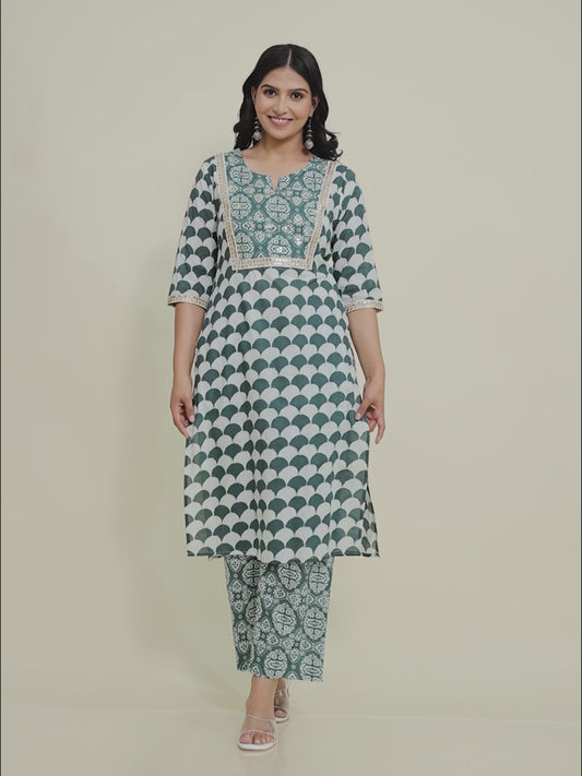 Embroidered Soft Cotton Geometric Straight Turquoise Kurta