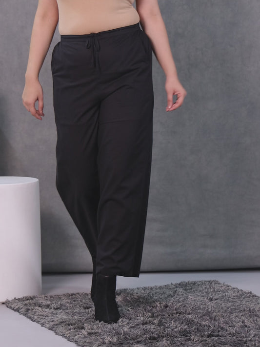 Soft Cotton Solid Black Straight Trousers