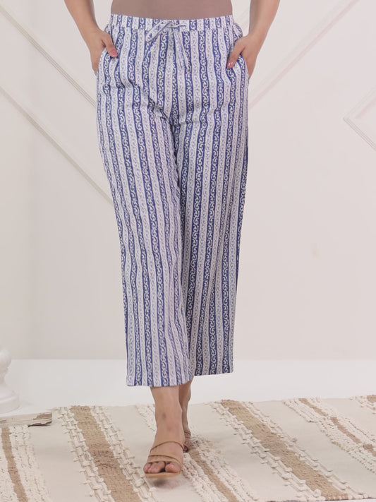 Soft Cotton Striped Blue Straight Trousers