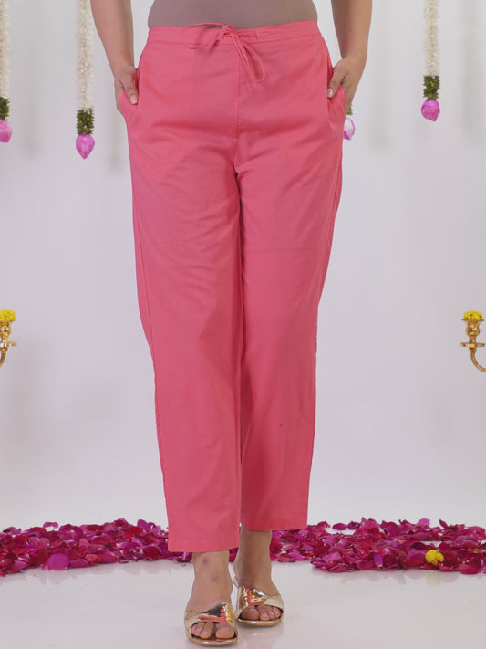Soft Cotton Solid Pink Tapered Trousers