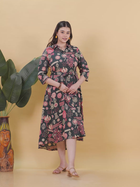 Soft Cotton Floral Flared Multicolor Dress