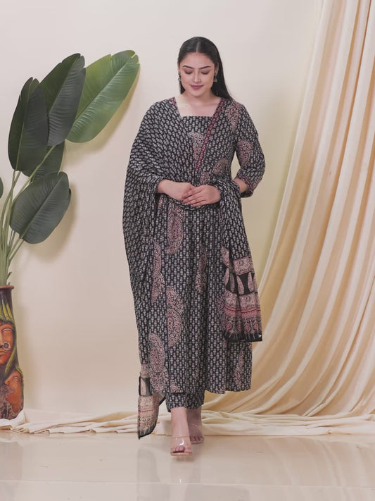 Embroidered Kantha Cotton Paisley Flared Black Kurta