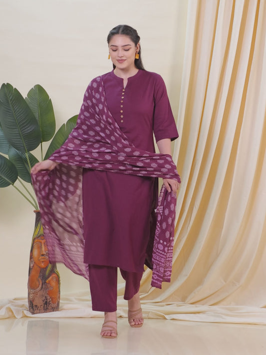 Linen Cotton Solid Straight Maroon Kurta