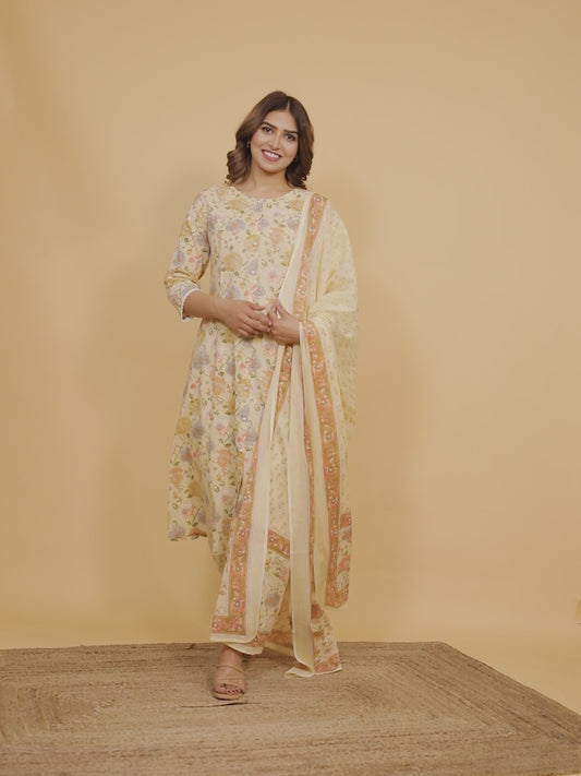 Soft Cotton Floral A-line Yellow Kurta