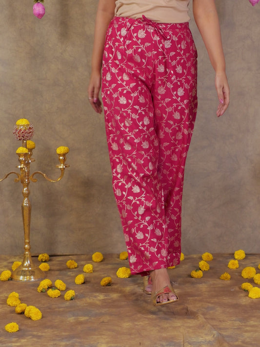 Chanderi Floral Royal Pink Tapered Trousers