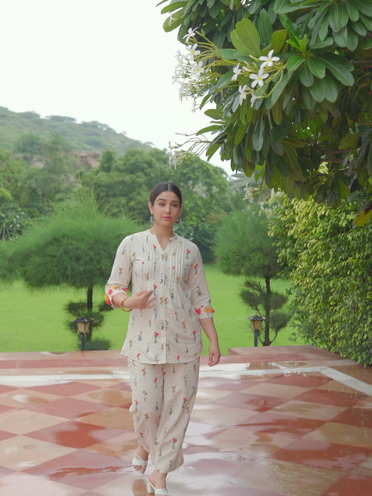 Linen Cotton Floral Straight Off White Kurta