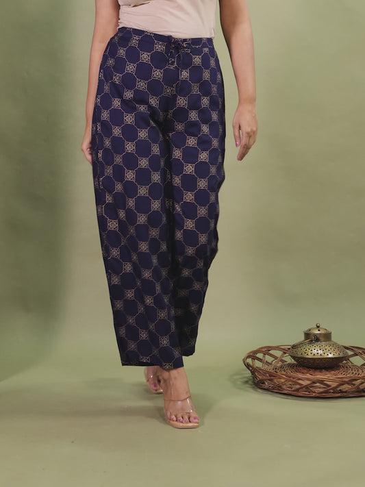 Embroidered Viscose Geometric Blue Palazzo