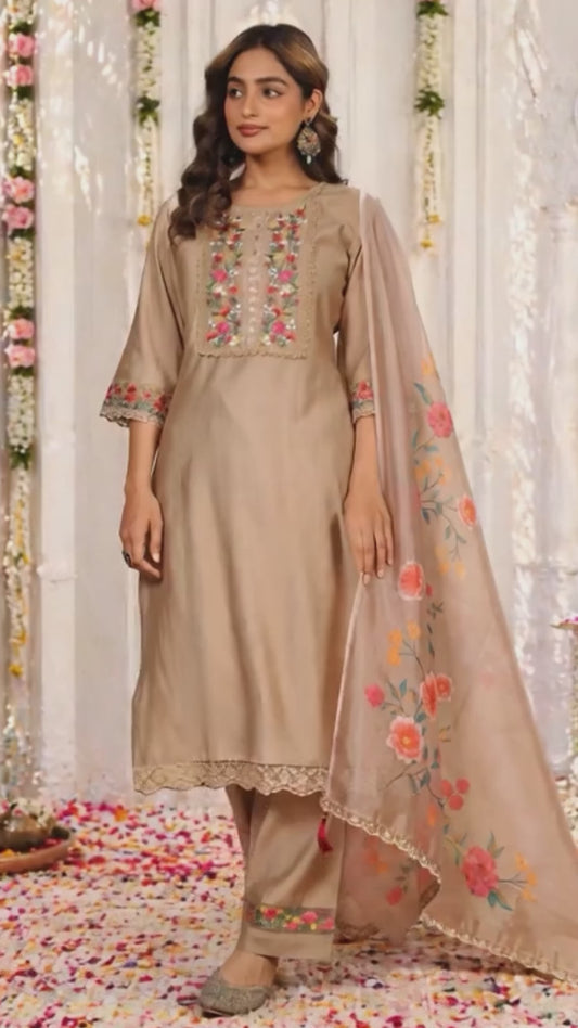 Embroidered Blended Silk Solid Straight Beige Kurta