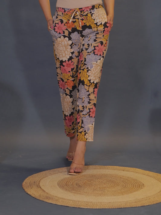 Soft Cotton Floral Black Tapered Trousers