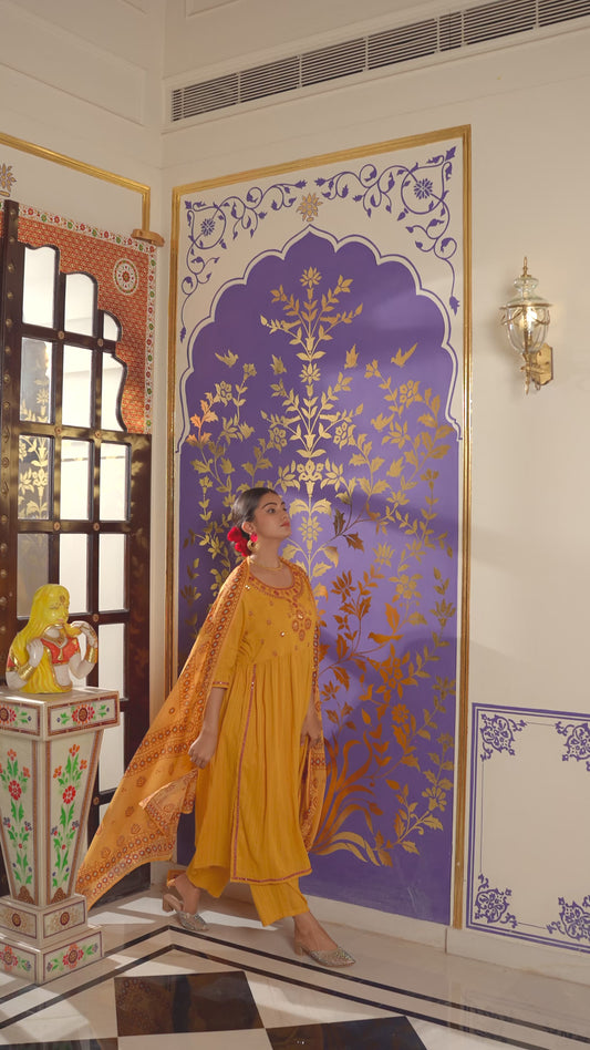 Embroidered Cotton Dobby Solid A-line Yellow Kurta