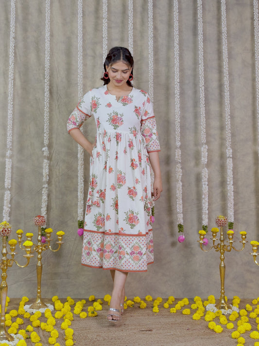 Linen Cotton Floral Anarkali Off White Dress