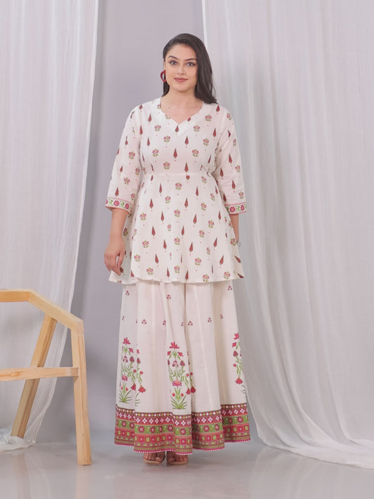 Soft Cotton Floral Flared Off White Kurta