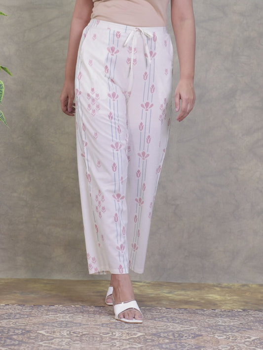Soft Cotton Floral Off White Straight Trousers