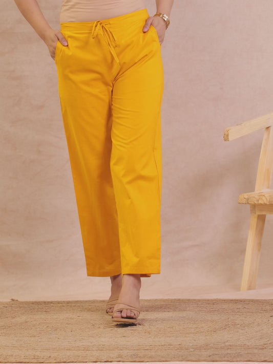 Soft Cotton Solid Yellow Straight Trousers