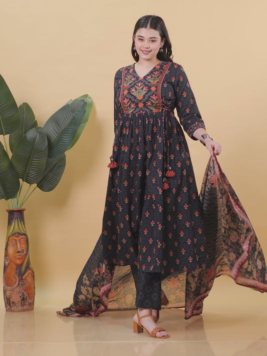 Soft Cotton Floral Flared Black Kurta