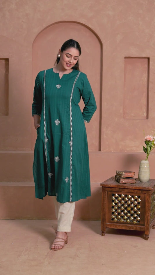 Embroidered Cotton Dobby Solid Straight Green Kurta