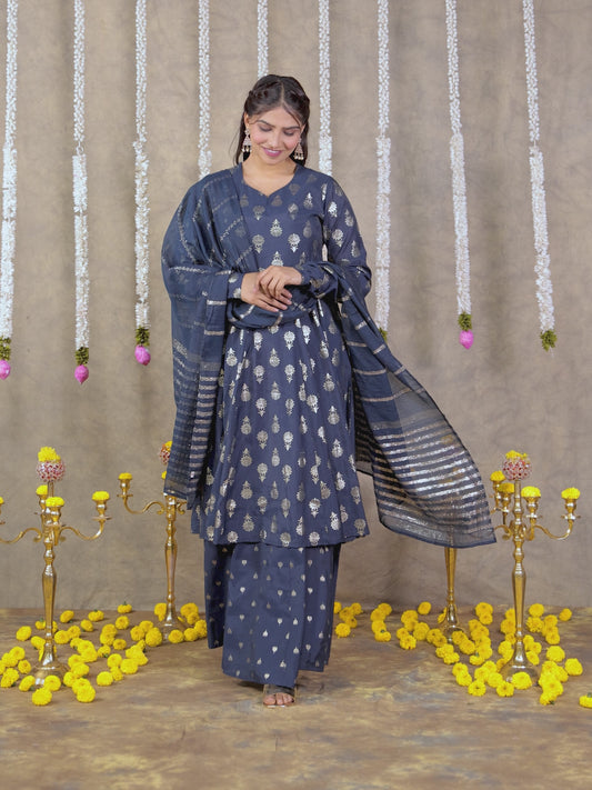Chanderi Gold foil Anarkali Blue Kurta