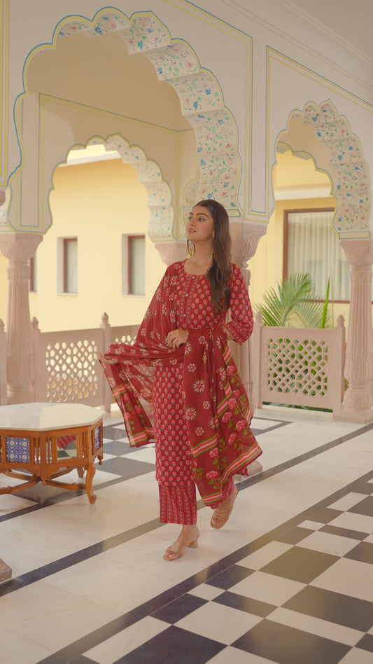 Soft Cotton Floral Straight Maroon Kurta
