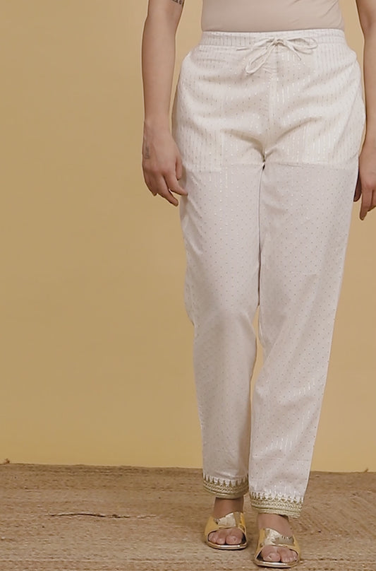 Embroidered Lurex Cotton Solid White Tapered Trousers