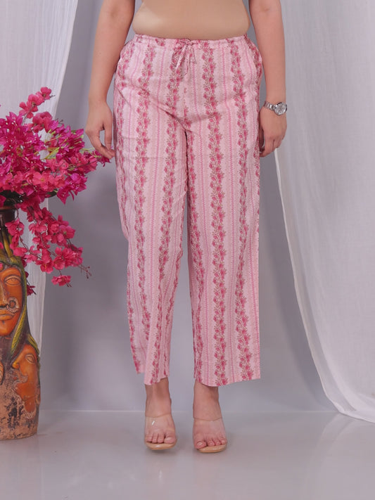 Soft Cotton Floral Pink Straight Trousers