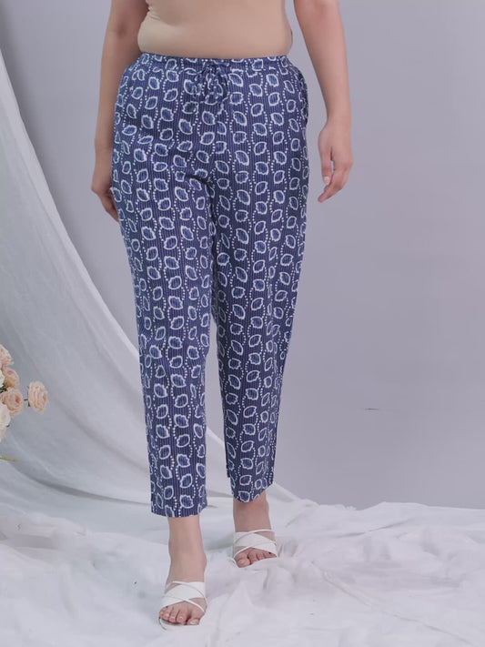 Kantha Cotton Floral Blue Straight Trousers