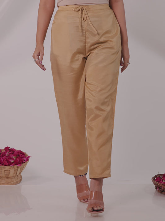 Chanderi Solid Beige Tapered Trousers