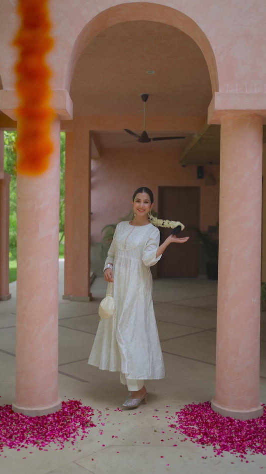 Chanderi Gold foil Anarkali Off White