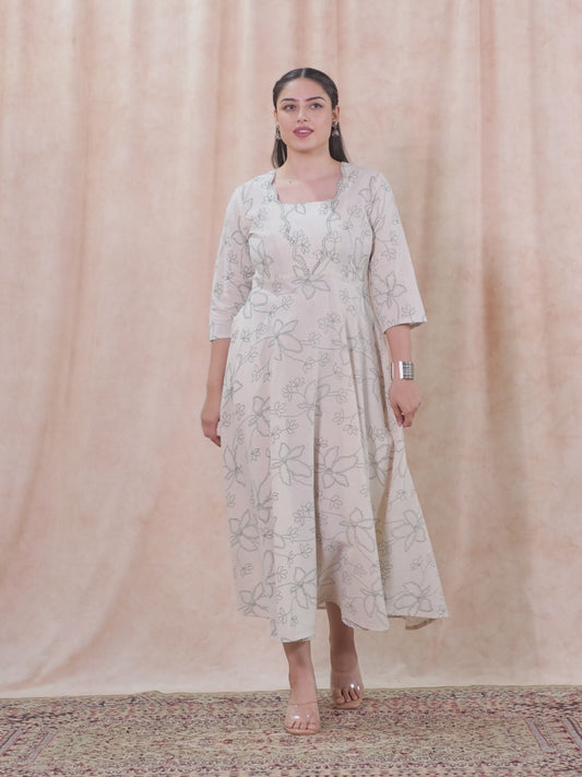 Embroidered Linen Cotton Floral Flared Off White Dress