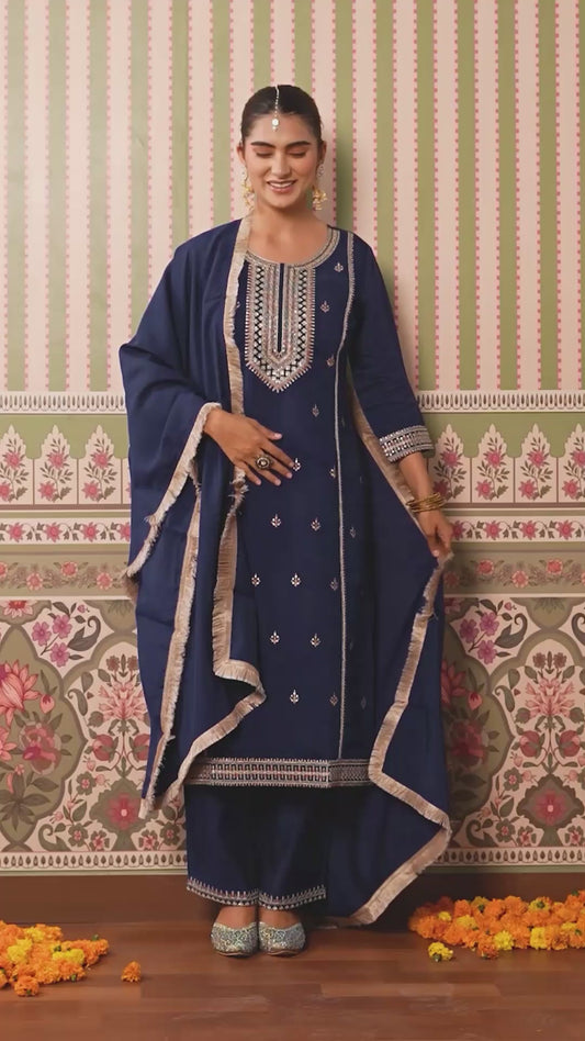 Embroidered Chanderi Solid Straight Violet Kurta