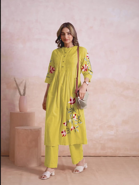 Embroidered Soft Cotton Solid Flared Yellow Kurta