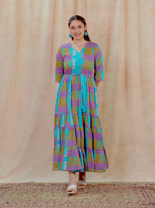 Soft Cotton Patchwork Anarkali Multicolor Dress