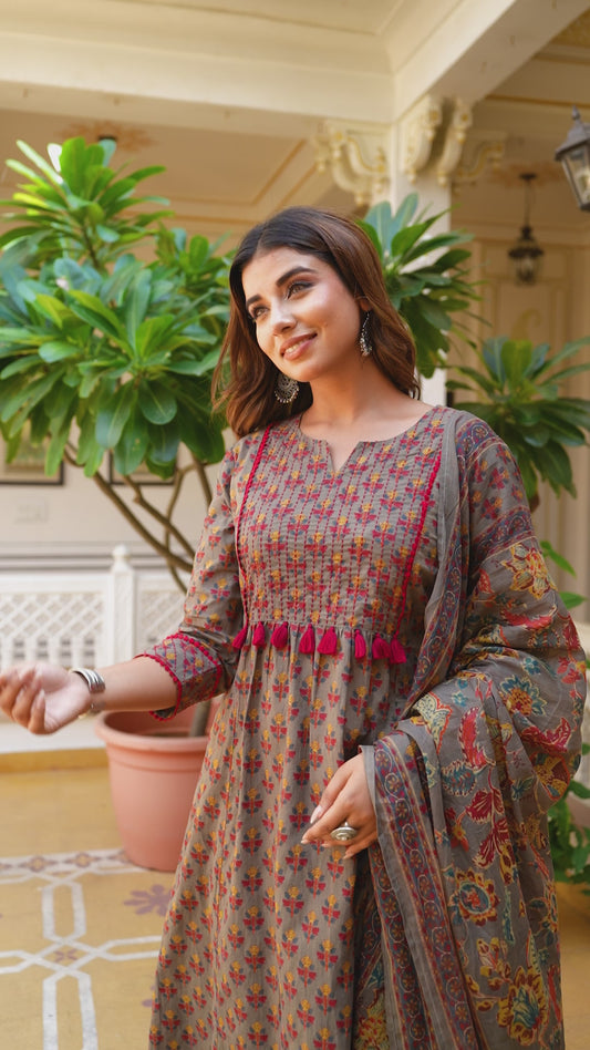 Embroidered Soft Cotton Block Print Panelled Grey Kurta